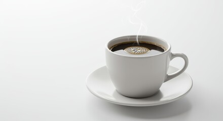 A steaming cup of coffee on a white saucer showcases rich dark tones and bubbles, evoking warmth and comfort for morning routines or cozy moments.