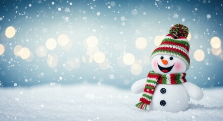 A cheerful snowman in a colorful hat and scarf sits in a snowy landscape, surrounded by gentle snowflakes and a soft background of blurred lights, creating a festive winter scene.