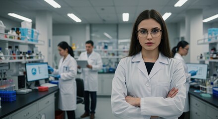 A confident female scientist in a lab coat and glasses stands in a modern lab, surrounded by colleagues engaged in research with advanced scientific equipment.