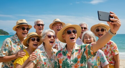 A joyful group of seniors poses for a selfie on the beach, wearing stylish hats and vibrant shirts, capturing happiness and camaraderie against a beautiful ocean backdrop.