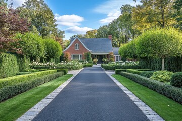 Neatly trimmed cherry laurel hedge garden. AI generated illustration.