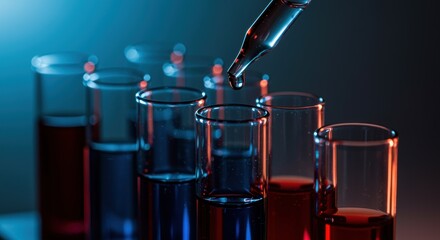 Test tubes filled with colorful liquids create a vibrant lab scene. A dropper hovers above, showcasing precision in scientific experiments, ideal for science projects.