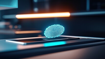 Biometric fingerprint scanner embedded in sleek black glass panel with blue glow showcasing advanced security technology