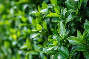 Fototapeta premium Neatly trimmed cherry laurel hedge garden. AI generated illustration.