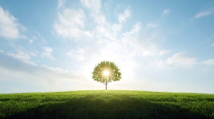Lone tree on a grassy hill silhouetted against the sun under a blue sky filled with fluffy white clouds.