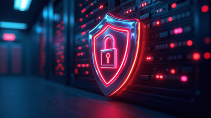 Obraz premium A vibrant glowing chrome shield symbol with padlock. Illuminated with neon colors. Digital shield symbolizing security in a futuristic server room environment