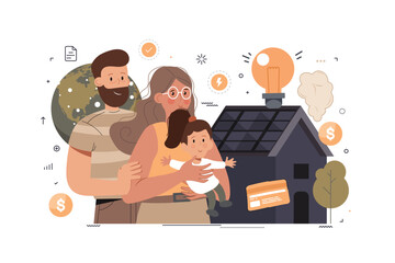 Green electricity and power save concept. Sustainability illustration. Character reduce energy consumption at home, unplug appliances and use energy saving light bulb. Vector illustration.