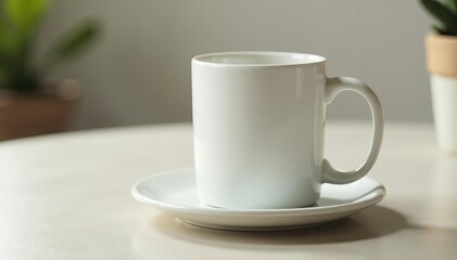 Fototapeta premium Classic white ceramic mug, handle detail visible , tea, coffee, container