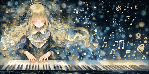ピアノでメロディーを奏でる女性。イラスト。水彩画。バナー素材。