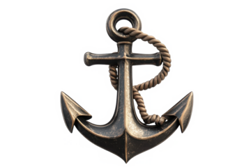 Anchor with rope and metallic bronze finish in a detailed nautical design with smooth texture