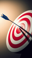 Precision Archery: Blue Arrow Hitting the Target with Striking Red and White Circles in Dramatic Lighting