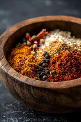 an image of a closeup view of a rustic wooden bowl filled with a vibrant and aromatic dry rib rub The rub consists of a colorful blend of spices including paprika brown