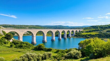 Fototapeta premium Scenic View of Majestic Stone Bridge Over Calm River Surrounded by Lush Greenery Under Clear Blue Sky