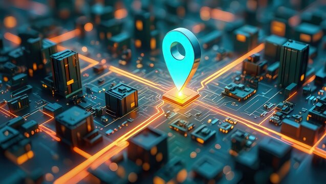 Digital ai map shows gps pins innovating delivery services and future transport logistics. Automation efficiency, smart urban tracking are enhanced with innovative global positioning tech.