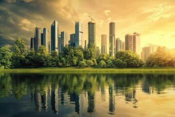 Fototapeta premium Modern renewable energy city with nature and ecology. AI generated illustration.