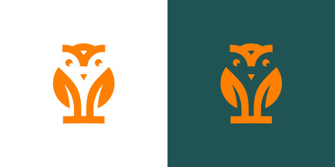 Minimalist owl vector logo with leaf wings	
