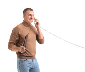Mature man with clipboard talking by telephone on white background