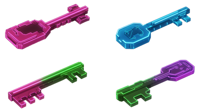 Collection of Four Colorful Cyberpunk Keys on White Background Concept