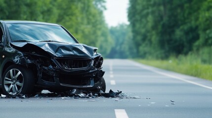 Fototapeta premium Black Car Wreck on Empty Road Surrounded by Greenery After a Serious Car Accident in Bright Daylight