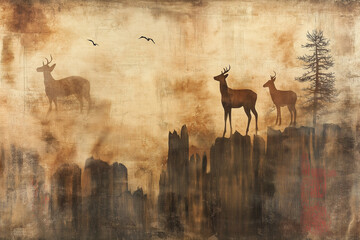  Blurred modern office interior with glass door, bokeh ligage grunge background with distressed textures, depicting ancient ink paintings of animals on a cave wall in sepia tones