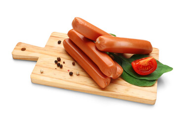 Wooden board with tasty sausages isolated on white background