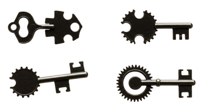 Creative Antique Keys with Cogwheels on White Background Flat Lay
