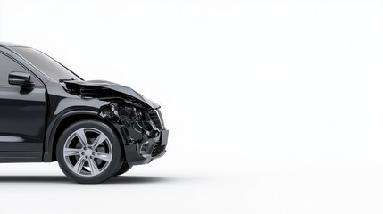 Fototapeta premium Black SUV with Damaged Front End After Collision on a Plain White Background for Automotive Accident Concepts