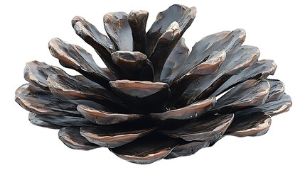 A detailed bronze sculpture of a large pine cone on display