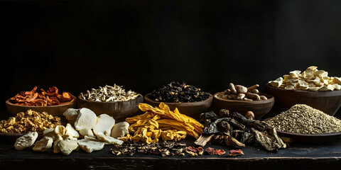 a hyper realistic photo of a variety of dried Chinese herbs in a yellow EAC080 black themed dark room
