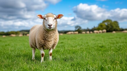 Naklejka premium Adorable Sheep in Lush Green Pasture Under Bright Blue Sky in Beautiful Natural Landscape