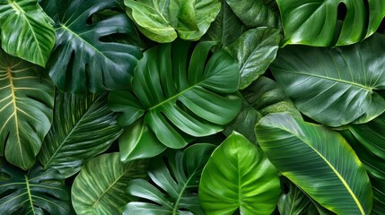 Various rainforest leaves arranged in a seamless texture, perfect for eco-friendly concepts. generative ai