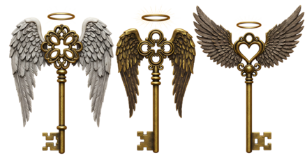 Three Angelic Keys with Wings and Halos Isolated on White Background