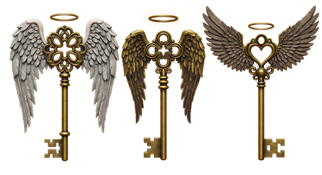 Three Angelic Keys with Wings and Halos Isolated on White Background