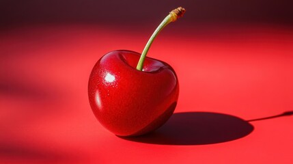 Fresh Red Cherry on Bright Red Background with Soft Shadows