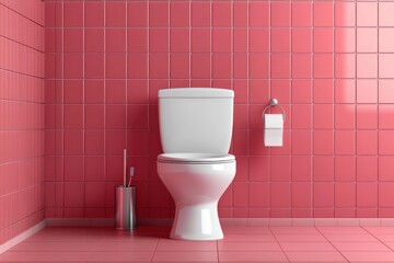 Modern toilet room interior with tiled walls and ceramic toilet. AI generated illustration.