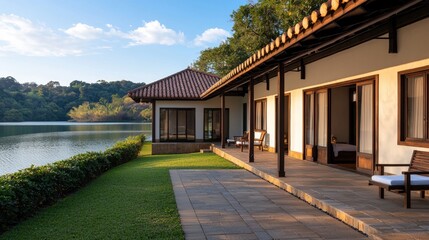 Naklejka premium A serene lakeside villa featuring modern architecture, surrounded by lush greenery and a tranquil water view.