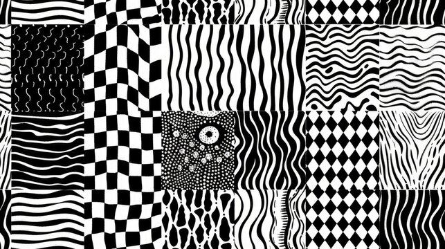5x3 isolated zentangle pattern icon set, black and white