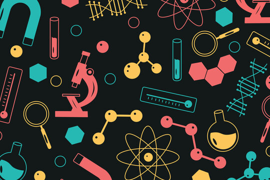 Background of science tools for biology chemistry and physics. Back to school. Science and education. First day of school, school supplies. Molecules and atoms, chemicals in test tube.