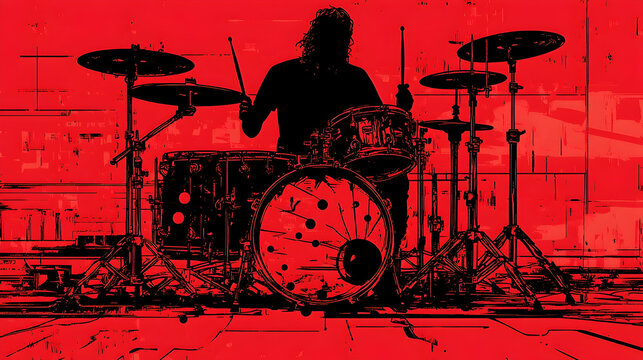 A silhouette of a drummer behind a drum set striking a vibrant contrast against a red backdrop Abstract elements enhan