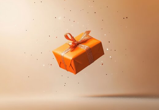 Orange gift box floating on beige background, minimalist composition with soft lighting, orange color palette, ideal for branding themes.