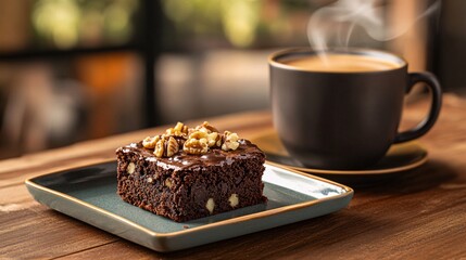 Rich chocolate brownie with walnuts, paired with a hot coffee, perfect for a cozy break.