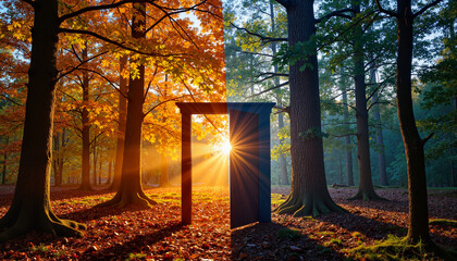 Doorway in forest transitioning from autumn to winter