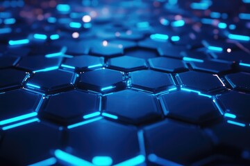 Obraz premium Neon blue hexagons pulse over dark tech grid. AI generated illustration.
