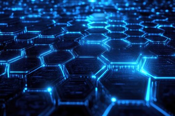 Obraz premium Neon blue hexagons pulse over dark tech grid. AI generated illustration.