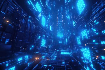 Obraz premium Neon blue hexagons pulse over dark tech grid. AI generated illustration.