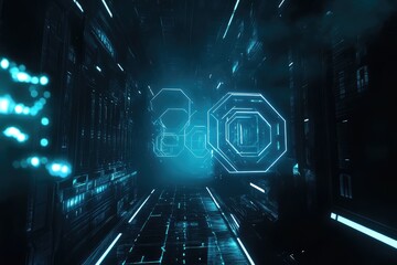 Neon blue hexagons pulse over dark tech grid. AI generated illustration.