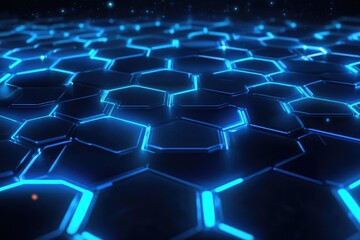 Obraz premium Neon blue hexagons pulse over dark tech grid. AI generated illustration.