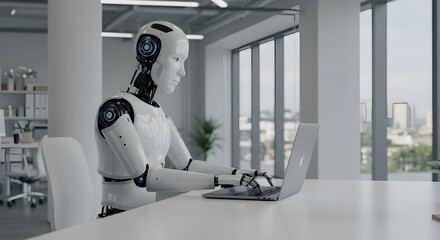Robot en el trabajo: IA futurista en un entorno de oficina moderno
