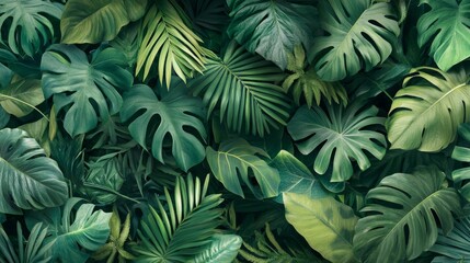 Various shades of green foliage, layered tropical plants in a seamless nature pattern generative ai