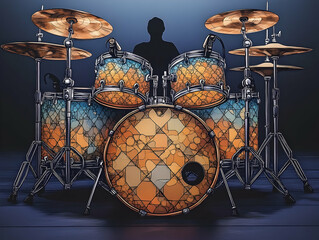 Fototapeta na wymiar Drum set with various drums and cymbals set on a stage with a shadowy figure behind creates an atmosphere of anticipat